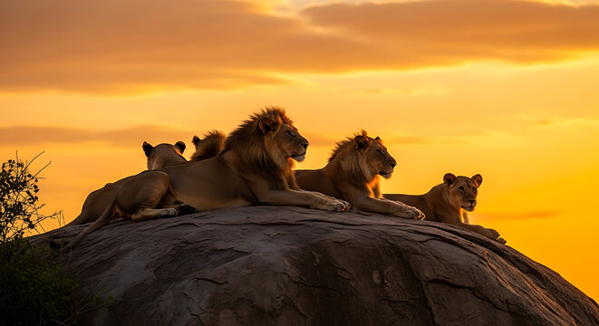 Savanna Grassland Sunset Lion Pride On Rock