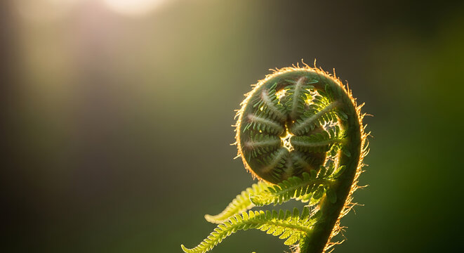 Sun Rays Through the Delicate Fronds of a Young Fern in Deep Forest