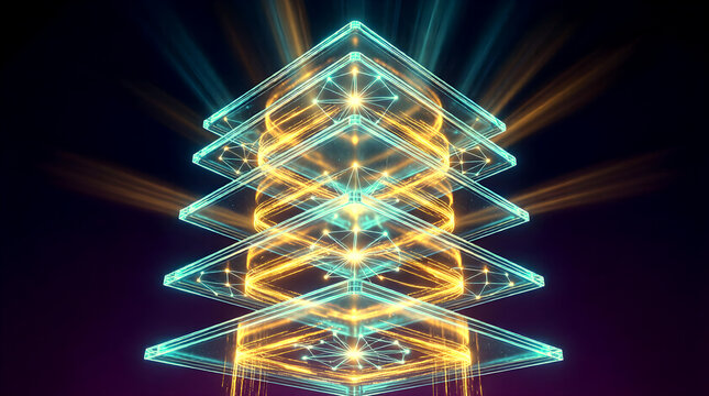 Vertical Tower of Stacked AI Agent Layers with Translucent Holographic Planes and Glowing Node Clusters Connected by Electric Blue and Warm Amber Data Beams