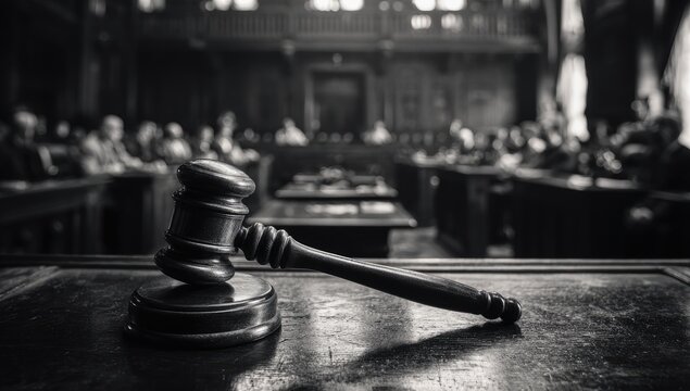 Gavel on a dark wooden surface in a dimly lit courtroom with blurred figures in background