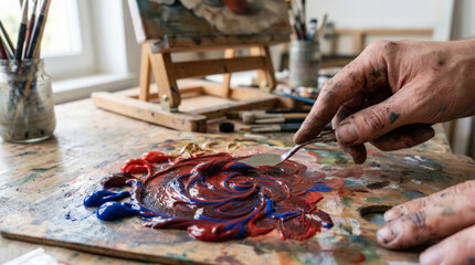 Obraz premium Artist mixing vibrant colors in tray with creative atmosphere in studio