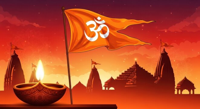 Saffron flag with om symbol fluttering over ancient hindu temples at sunset with a lit diya