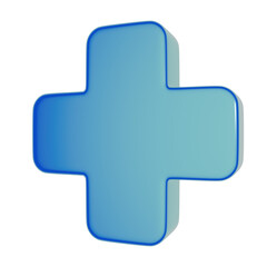 Obraz premium 3D perspective render of a glossy light blue glass cross symbol floating. Ideal for positive mathematics signs, tech UI design, or healthcare and hospital graphics