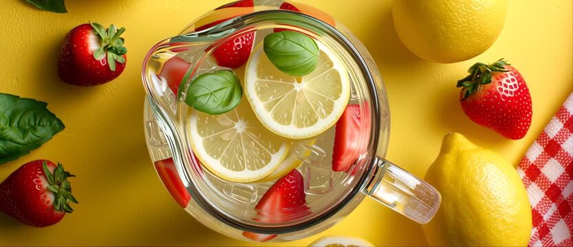 Refreshing pitcher of lemonade with strawberries, lemon slices, and basil leaves on a bright yellow background