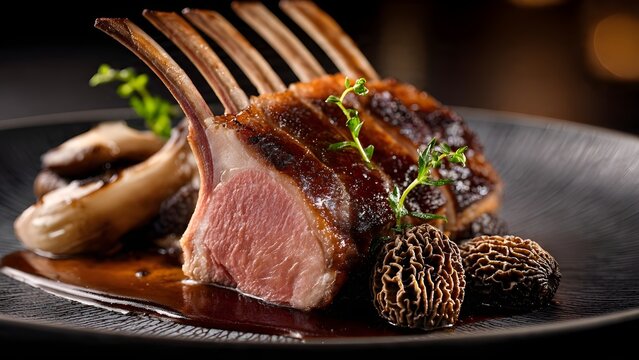 Gourmet Roasted Rack of Lamb with Morel Mushrooms and Rich Jus on Dark Plate