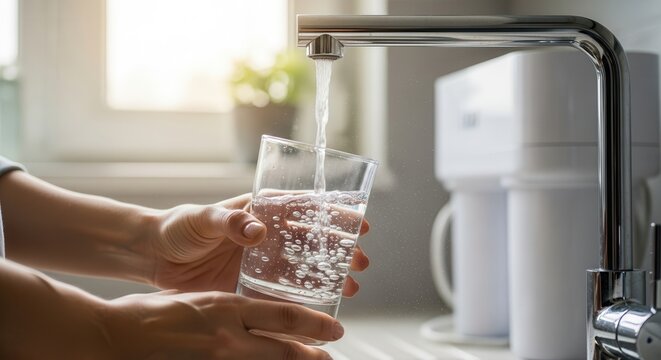 Person's hands holding a clear glass, filling it with fresh tap water from a modern chrome faucet. Feeling of hydration and pure refreshment.