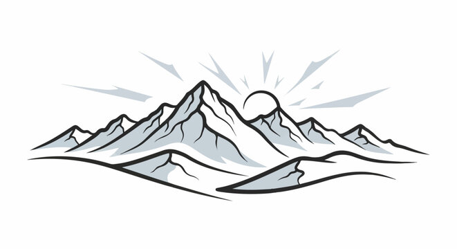 Stylized mountainous terrain under a sunburst, with sharp peaks and rolling foothills