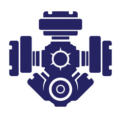 Large blue engine icon with pistons and cylinders on white background