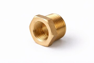 forged brass pipe reducer bushing isolated on white with precise industrial threading and soft diffused studio lighting