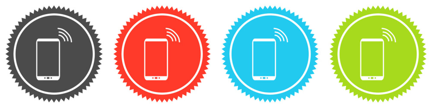Icons auf 4 Buttons mit Zacken zeigen Telefon oder Handy mit Empfang
