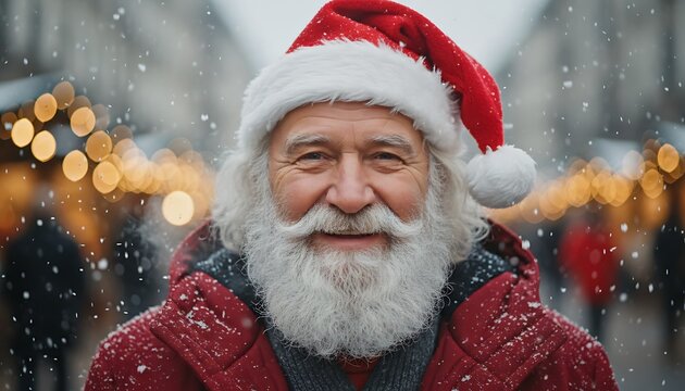 A smiling elderly man in a Santa hat and red coat