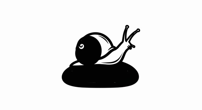Stylized black and white illustration of a snail on a dark blob