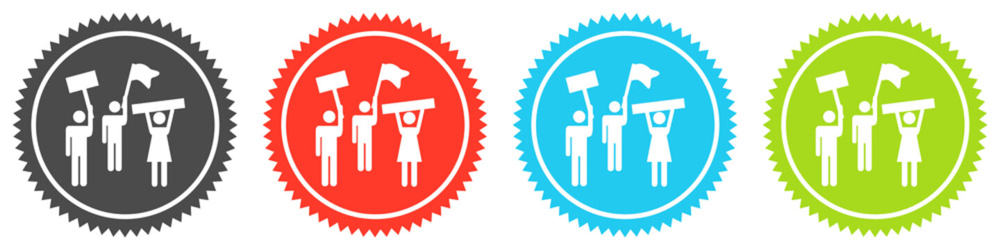 Icons auf 4 Buttons mit Zacken zeigen Protest, Streik oder Demonstration