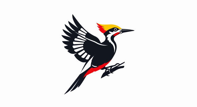Stylized woodpecker with black body, red and yellow crest