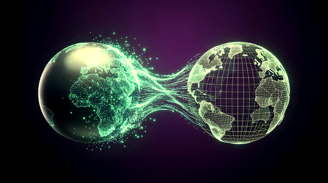 Abstract Digital Twin Concept Showing Physical Sphere Dissolving into Holographic Data Particles on One Side and Reforming as Perfect Wireframe Copy on Other Side