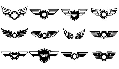 Flying wings logo and pilot badge vector icon collection angel wing symbols isolated on white © Joyanto