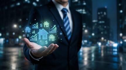 Fototapeta premium A businessman holds out his hand, presenting a vivid holographic display of various home icons and ascending financial graphs, indicating robust real estate market growth amidst a city night scene.