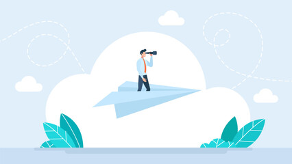 Fototapeta premium Businessman standing on a paper plane looking through binoculars to the future, concept of business vision, strategic planning and searching for new opportunities in flat style. Vector illustration.