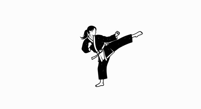 Woman in martial arts uniform performing a high kick
