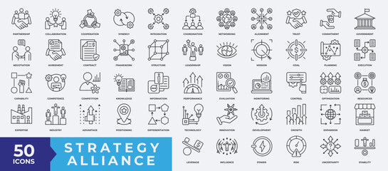 Strategy Alliance Icon Set. Containing Partnership, Collaboration, Cooperation, Synergy, Integration, Coordination, Commitment, Government, Contract and more. Simple Line Vector Illustration. © RiskiAyu