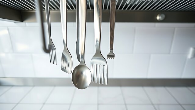 clatter. Stainless steel kitchen utensils falling with metallic reflections and motion trails. menu design, packaging mockups, designed for food delivery and cloud-kitchen brand materials.
