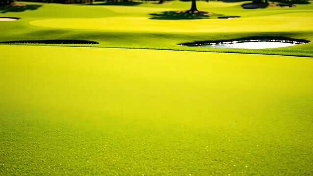 oligarchy. A golf course with manicured grass and water hazards under a sunny sky. event key visuals, club posters, designed for sports event promotions and stadium branding, drives event promotion.