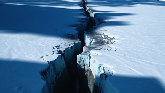 monopole. A vast glacier with a deep, dark crevasse splitting its surface, cold blue and white tones. travel magazines, destination branding, designed for outdoor magazines and nature guides.