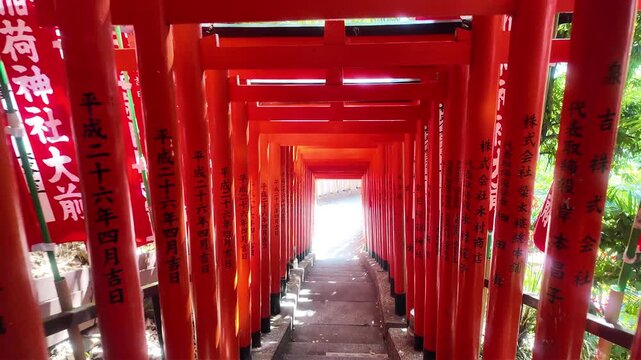 Walking down staircase through rows of red torii gates at Hie Shrine in Tokyo, Japan with sunlight and green trees