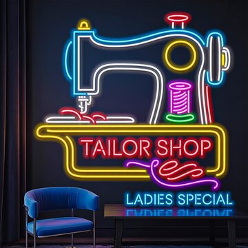 Colorful neon sewing machine sign with tailor shop text glowing on dark wall background