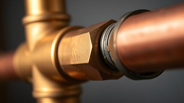 flippant. Close-up of a shiny brass joint connecting two copper pipes. safety posters, maintenance manuals, designed for industrial assembly lines and welding operations, used by engineers.