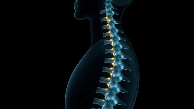 culpability. X-ray silhouette of a human spine with a subtle golden coil ascending within the vertebrae. STEM education sheets, lab safety posters, designed for biotech research communications.