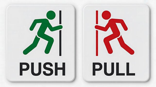 Push and pull door sign with green and red human icons on white background for direction instruction