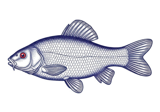 A single tench fish (tinca tinca) in detailed blue line art engraving, with intricate scales, rounded fins, and red eyes, isolated on a transparent background with copy space, concept of