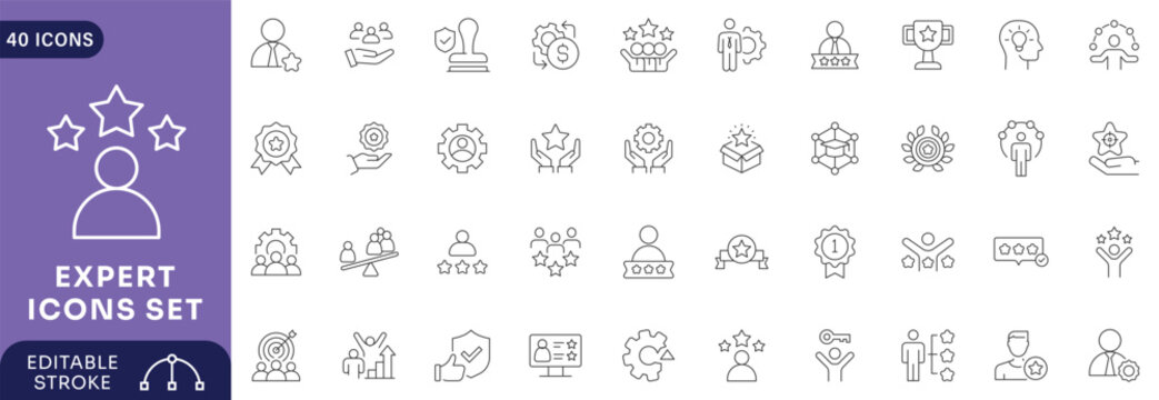 Expert icon set. Containing competence, skill, specialist, experience, expertise, knowledge, advice,  Etc . Editable stroke.