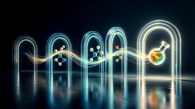 Pipeline Visualization of AI Drug Discovery Stages with Luminous Gateway Arches in Sequence from Molecular Library Through to Approved Compound in Progressive Blue Shades