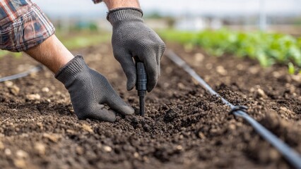Close Up of Farmer Installing Drip Irrigation System in Field