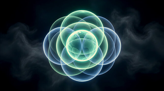 Abstract Quantum Superposition Concept with Single Luminous Sphere Simultaneously Existing in Multiple Positions Shown as Overlapping Translucent Copies in Cyan and Blue