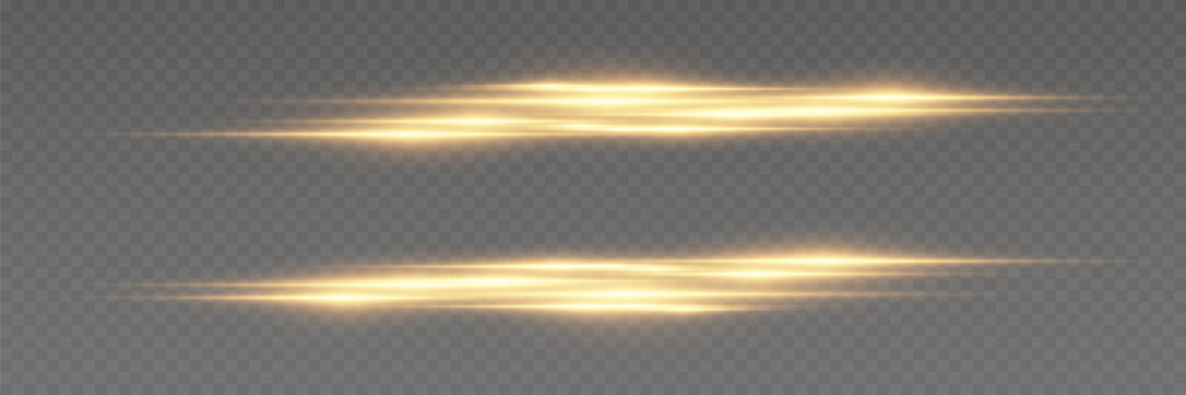 Golden glowing light streak trails with motion blur effect on transparent background.