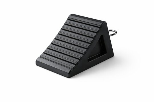 heavy duty rubber wheel chock with molded grip groove and bold wedge silhouette isolated on white front angled composition