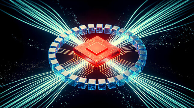 Close-Up of Quantum Bit Error Correction Process with Corrupted Red Qubit Being Surrounded and Corrected by Ring of Blue Stabilizer Qubits with Converging Cyan Beams