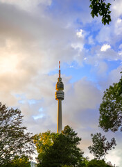 Obraz premium View of the Florianturm in Dortmund. The city's observation and television tower. Landmark in Westfalenpark. 