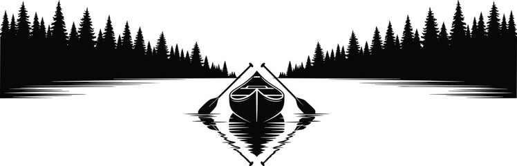 Black silhouette of a canoe with paddles on a calm lake surrounded by a pine forest trees isolated on white, © MDGOLAP