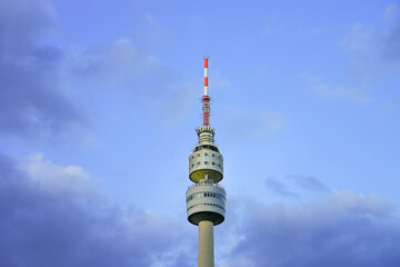 Fototapeta premium View of the Florianturm in Dortmund. The city's observation and television tower. Landmark in Westfalenpark. 