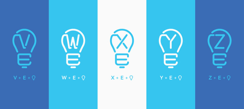 Set of initials letter VE, WE, XE, YE, and ZE lightbulb shape simple linear logo design. VE WE XE YE ZE monogram technology business company symbol logo icon sign collection
