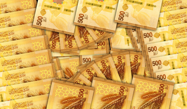 Syria 500 pound SYP banknotes in a fan mosaic pattern 3d illustration