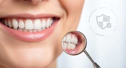Naklejka premium Smiling woman with dental mirror showing healthy white teeth