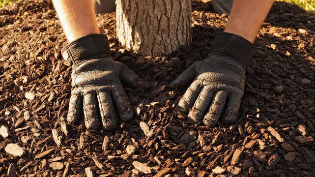 Gardener gloved hands diligently spreading brown mulch around tree trunk. Essential outdoor gardening work for nurturing plant growth and nature care