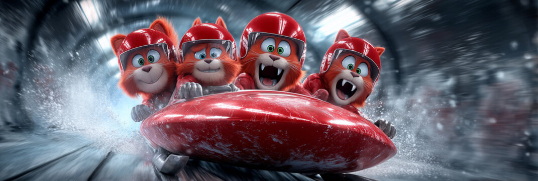 Group of Red Cats Racing a Futuristic Red Bobsled at Extreme Speed on an Olympic Ice Track. Capturing Speed, Adrenaline and Humor in a Surreal, Cartoon-Style Winter Sports Action Scene. Generative Ai.