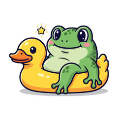 Fototapeta premium Cheerful cartoon frog relaxing in a yellow inflatable duck float vector illustration