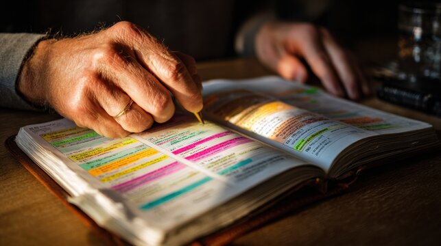 Hands highlighting text in a book, emphasizing the importance of learning and study